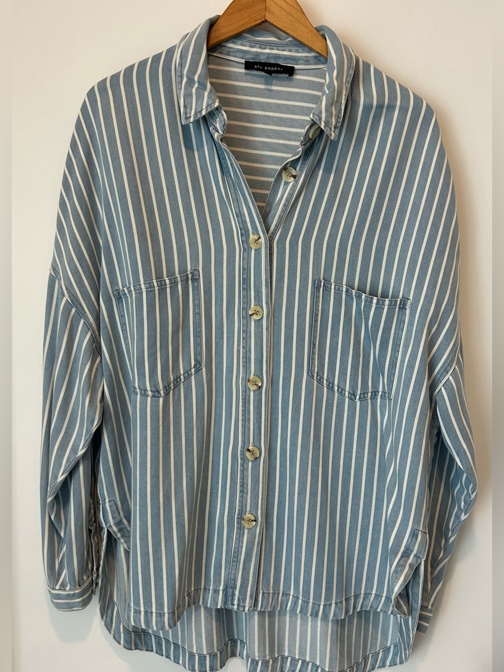 Blu Pepper Blue & White Striped Button Down Top or Shacket